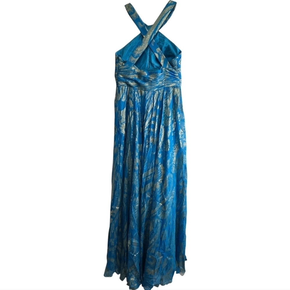 Aidan Mattox Foil Halter Neck Maxi Gown 6 Silk Metallic Blue With Gold Foil - Picture 5 of 8